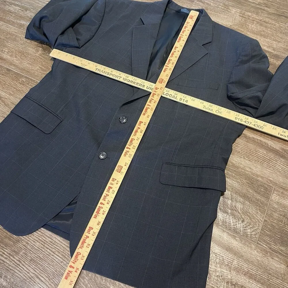 Jos A Bank Blazer Mens 48R Navy Blue Windowpane Wool Sport Coat Jacket Plaid
